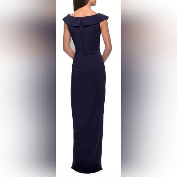 LA FEMME 25206 Ruched Cap Sleeved Long Jersey Dress NWOT size 4 Navy Blue - Picture 2 of 5